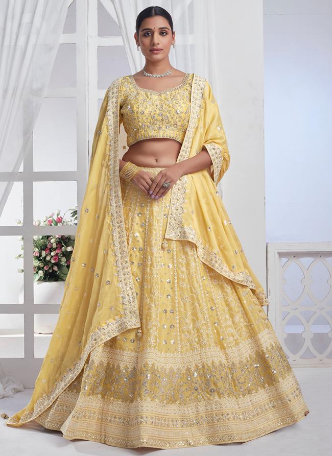 Pure Chiffon Yellow Party Wear Embroidery Work Lehenga Choli